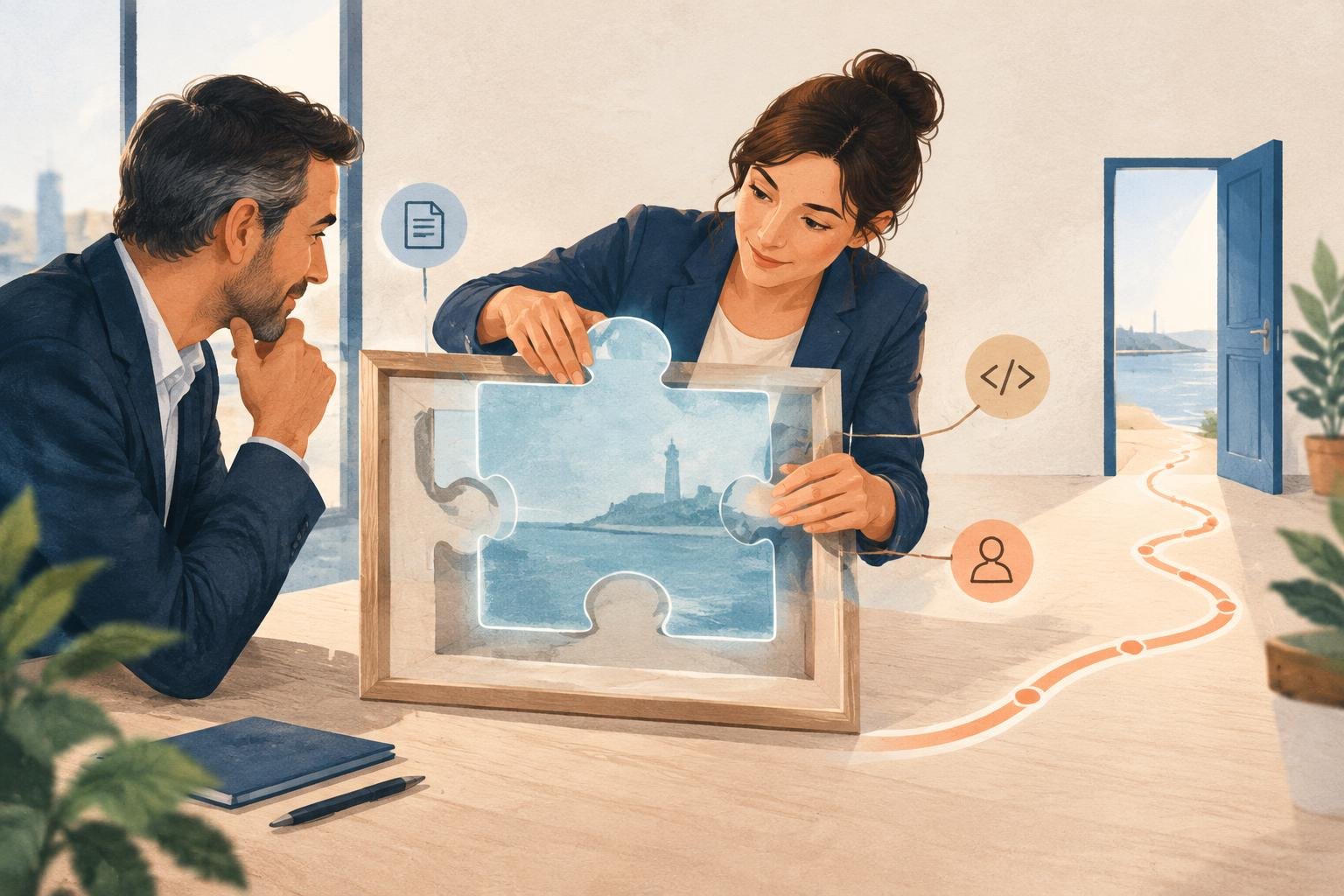 Un dirigeant et une consultante ajustent ensemble une pièce de puzzle translucide dans un cadre représentant le projet d’une entreprise, avec un chemin ouvert symbolisant l’accompagnement dans la durée.