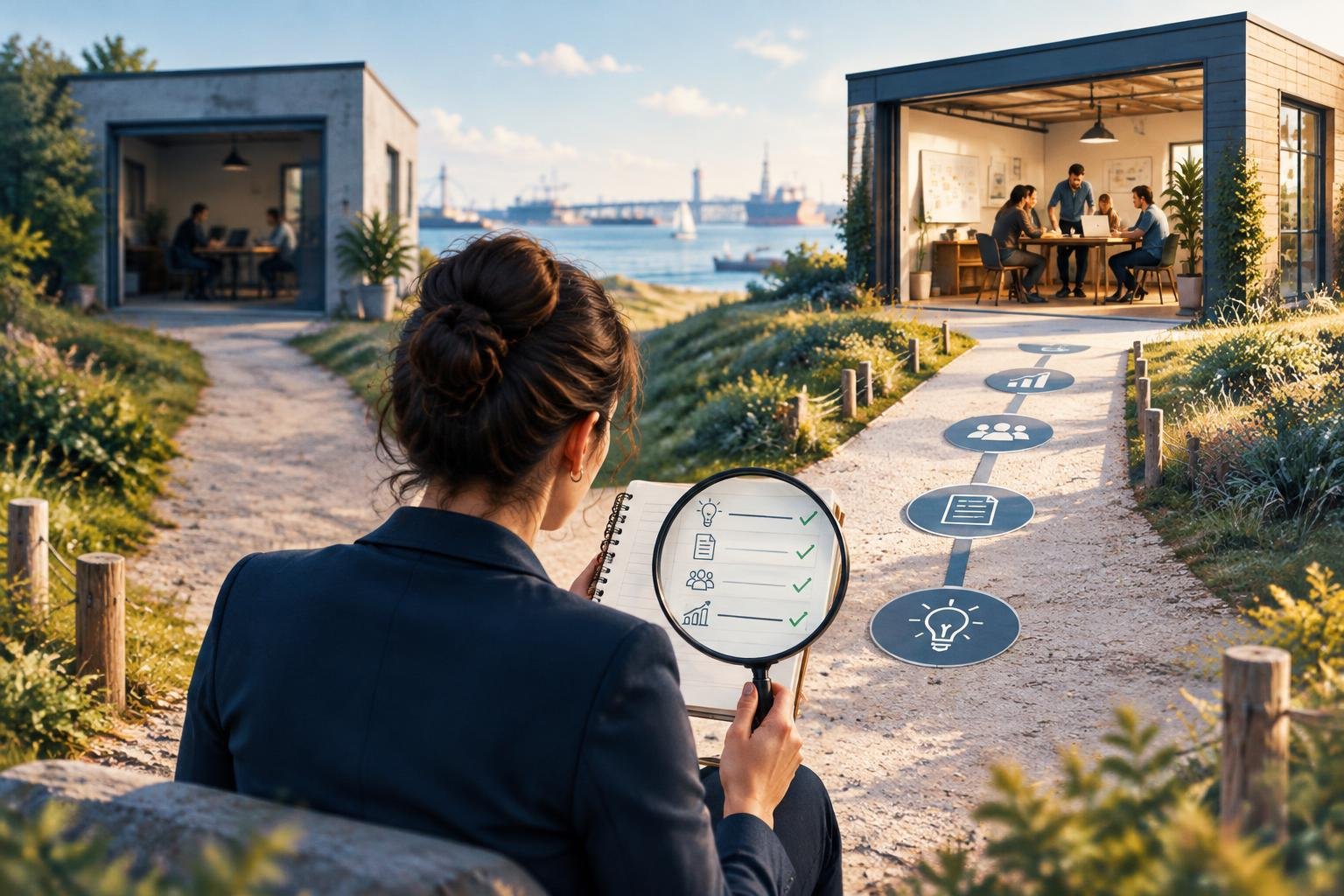 Une dirigeante compare deux parcours vers une agence web en examinant la méthode et l’accompagnement proposés, dans un décor local évoquant discrètement Saint-Nazaire.