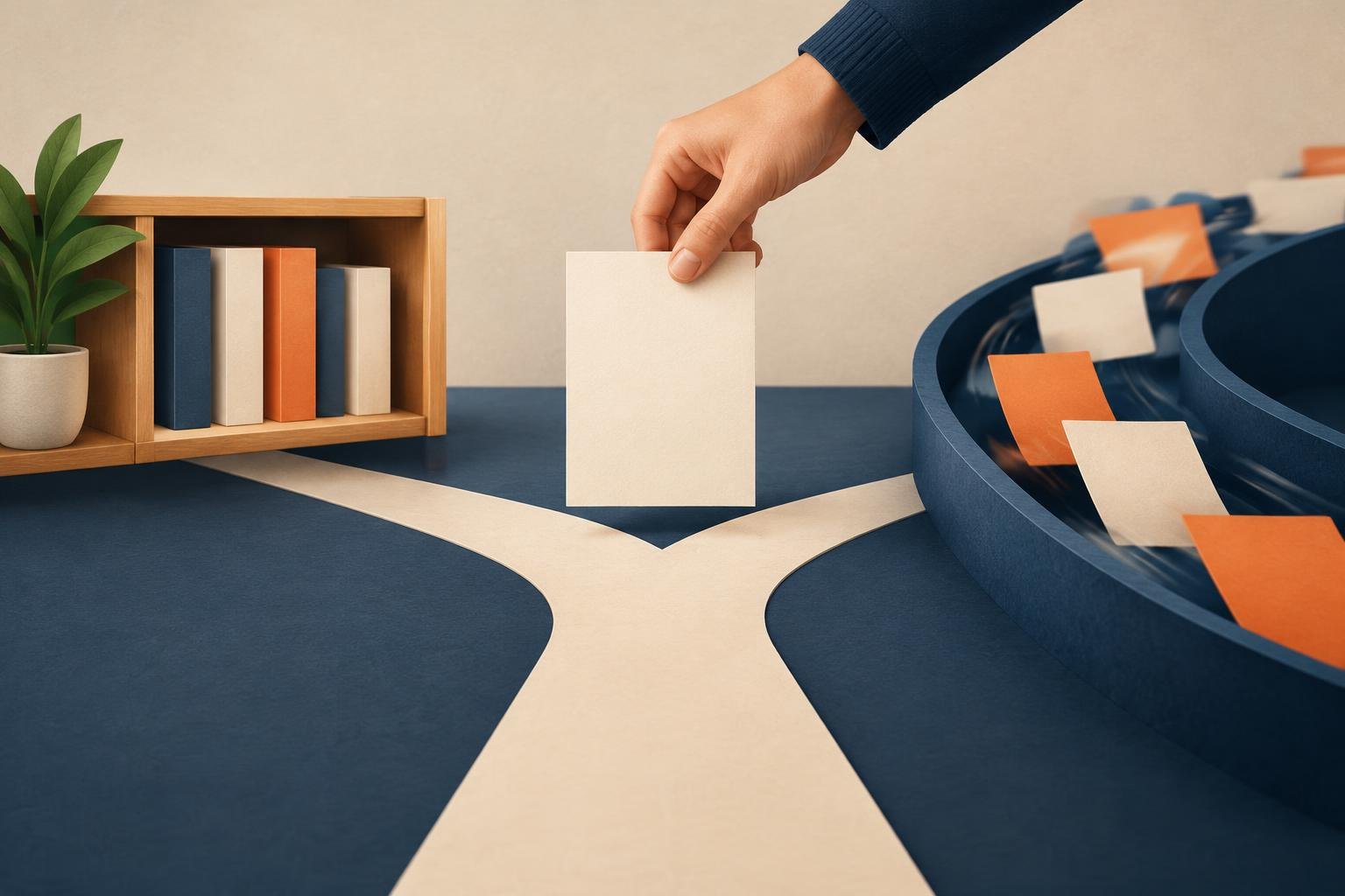 Une main place une fiche de contenu à la bifurcation entre une étagère stable et un flux de publications, évoquant le choix entre page durable et article classé.