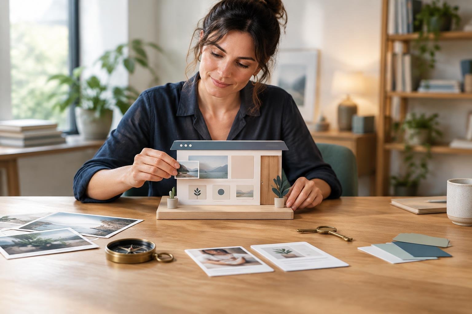 Une dirigeante réunit quelques éléments essentiels autour d’une maquette de vitrine incomplète pour préparer son projet de site.