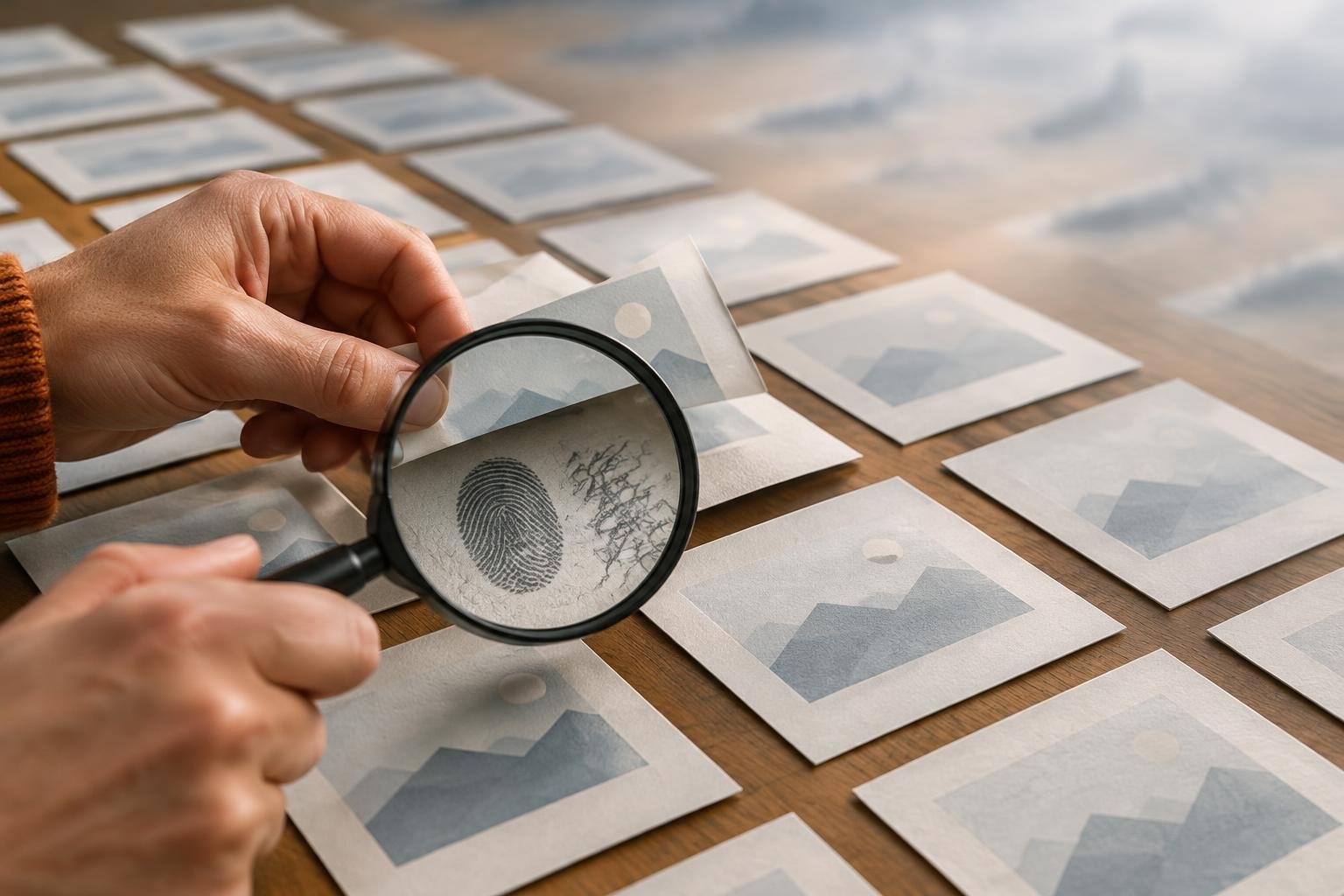 Une main examine à la loupe une carte parmi une série de cartes identiques ; sous celle-ci apparaît une empreinte digitale, symbolisant la vérification humaine face à l’uniformisation du web.