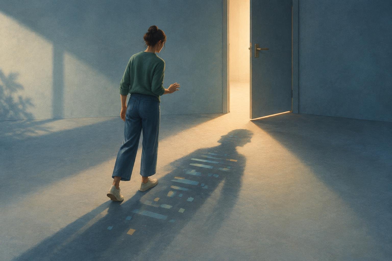 Une personne hésite devant une porte entrouverte tandis que son ombre, composée de traces et d’un profil abstrait, suggère qu’une observation possible peut modifier son comportement.