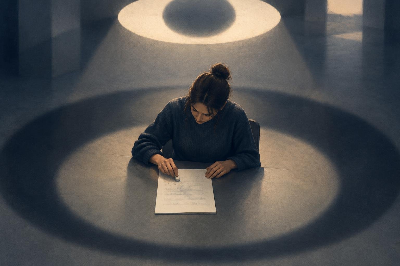 Une personne efface ce qu’elle s’apprêtait à écrire sous un cercle de lumière ressemblant à un regard, métaphore de l’autocensure provoquée par la possibilité d’être observé par un système d’IA.