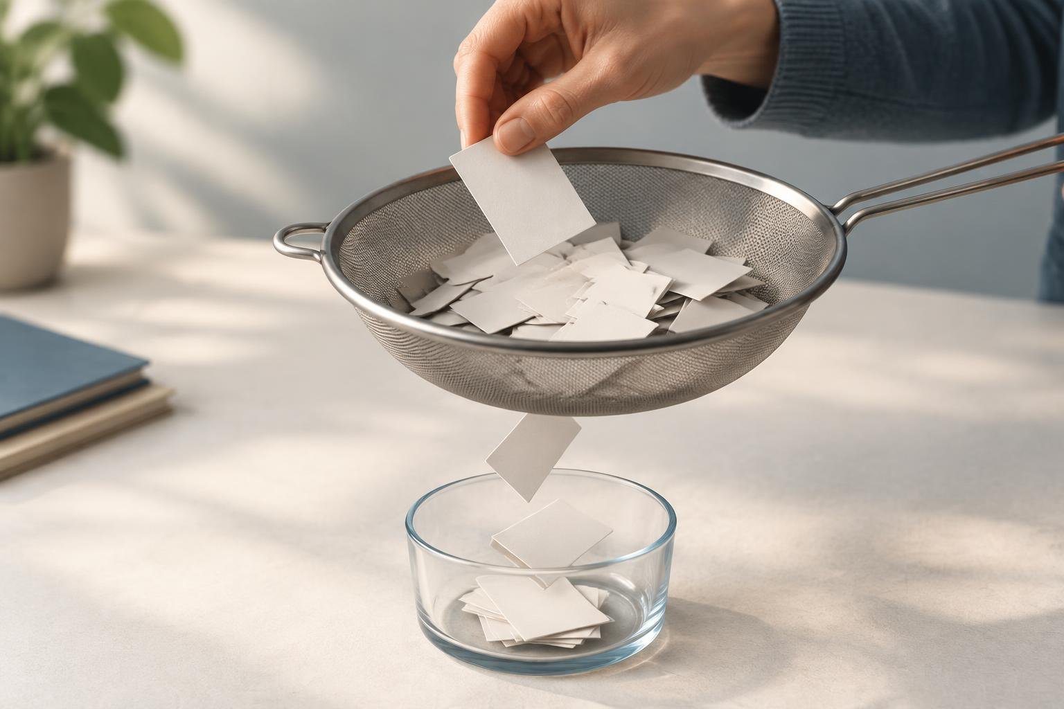 Une main trie des cartes vierges avec un tamis ; seules quelques cartes tombent dans un récipient clair, tandis que les autres restent retenues, illustrant la minimisation des données.
