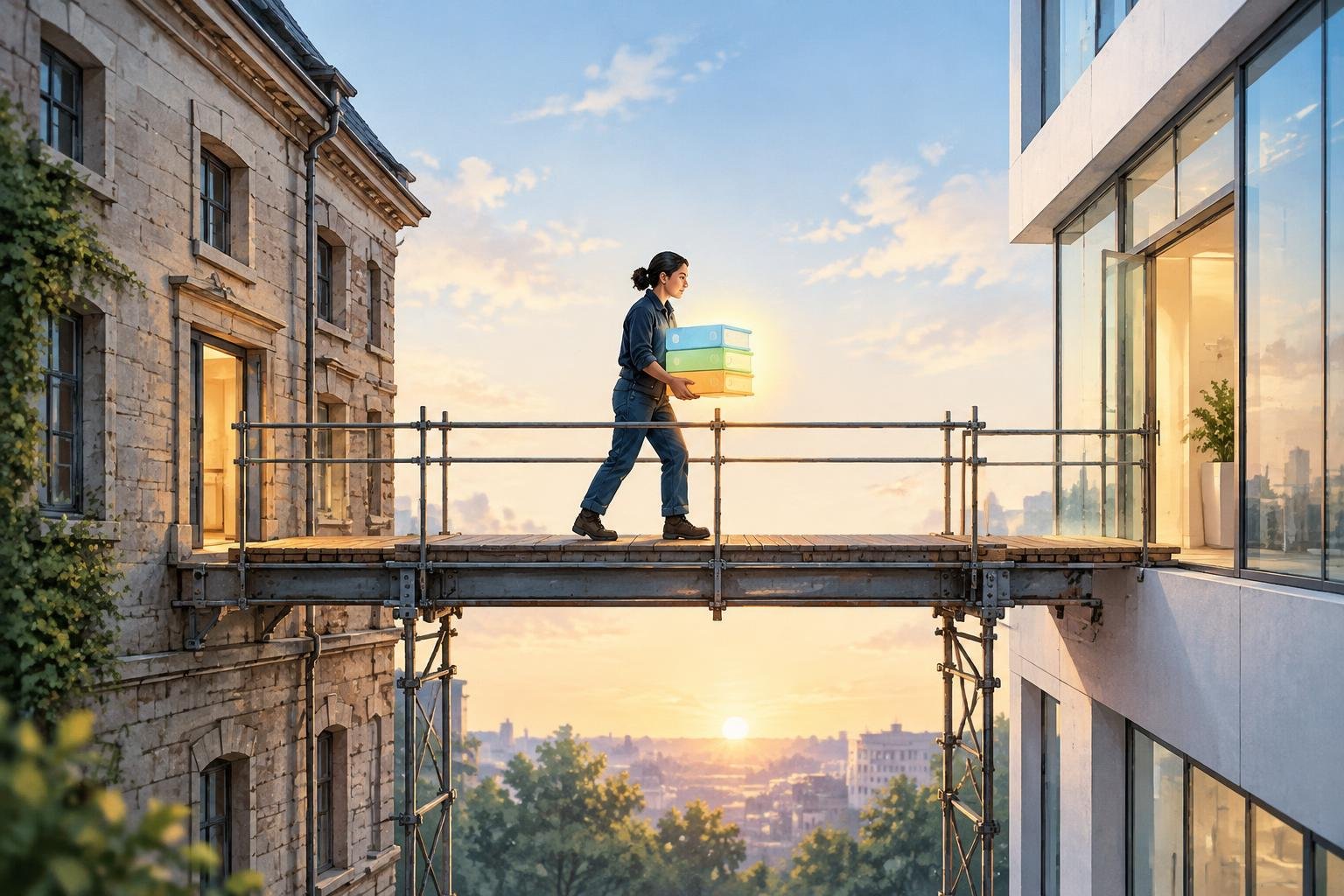 Une personne transporte des dossiers lumineux sur une passerelle entre un ancien bâtiment et une nouvelle architecture, symbolisant la préservation des acquis SEO lors d’une refonte.