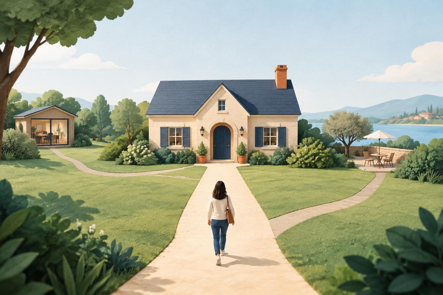 Une personne suit un chemin principal clairement dégagé vers l’entrée d’une maison, tandis que des chemins secondaires mènent discrètement vers d’autres espaces.