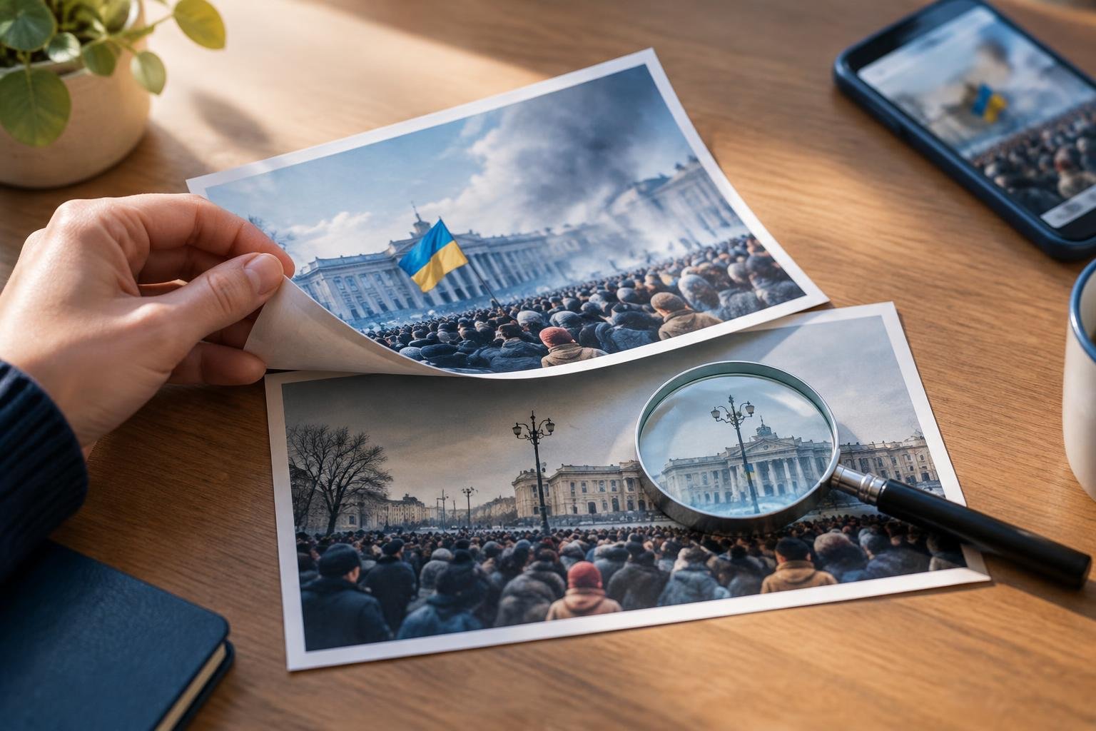 Une main soulève la couche d’une image publiée en ligne et découvre une version différente dessous, tandis qu’une loupe révèle une incohérence et qu’un téléphone reste posé à l’écart.