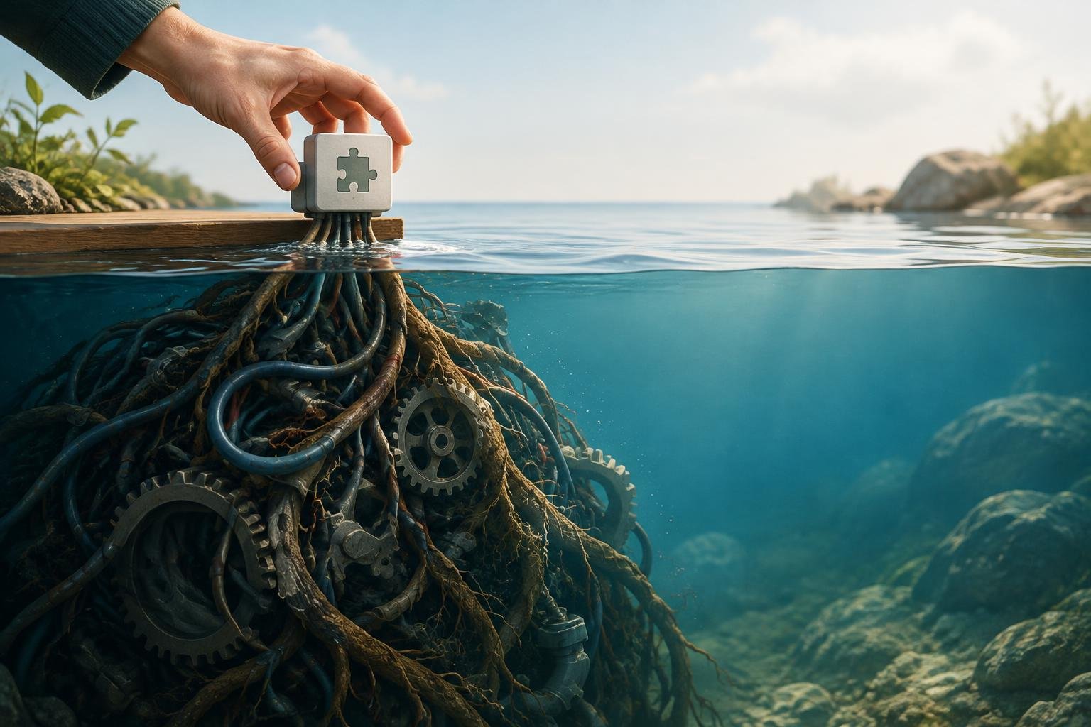Une main tente de retirer un petit module posé sur l’eau, mais une masse de câbles et d’engrenages immergée le retient, symbolisant le coût caché et la dépendance liés à une extension WordPress.