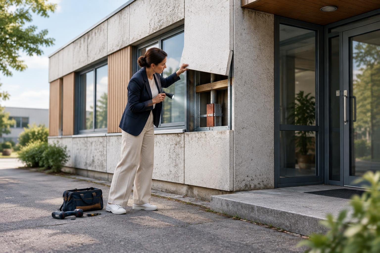 Une dirigeante inspecte un bâtiment professionnel un peu daté mais encore solide, dont un seul élément bloqué semble nécessiter une réparation plutôt qu’une reconstruction complète.