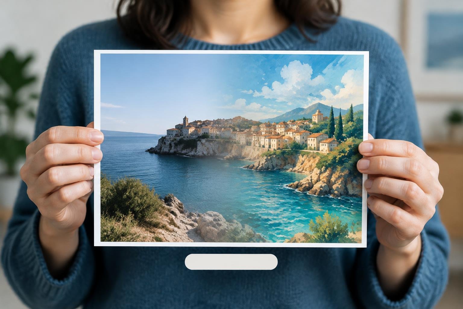 Une personne présente une image mêlant photographie réelle et scène composée par IA, avec un espace de mention placé juste sous le visuel.