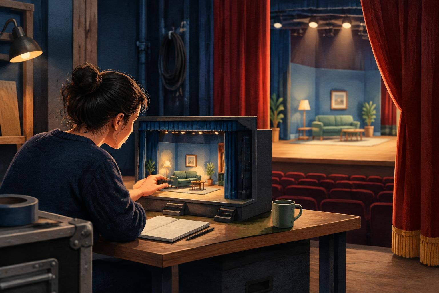 Une personne teste une réplique miniature d’une scène de théâtre en coulisses avant l’ouverture de la grande scène publique, métaphore d’une mise à jour WordPress vérifiée en staging avant sa mise en ligne.