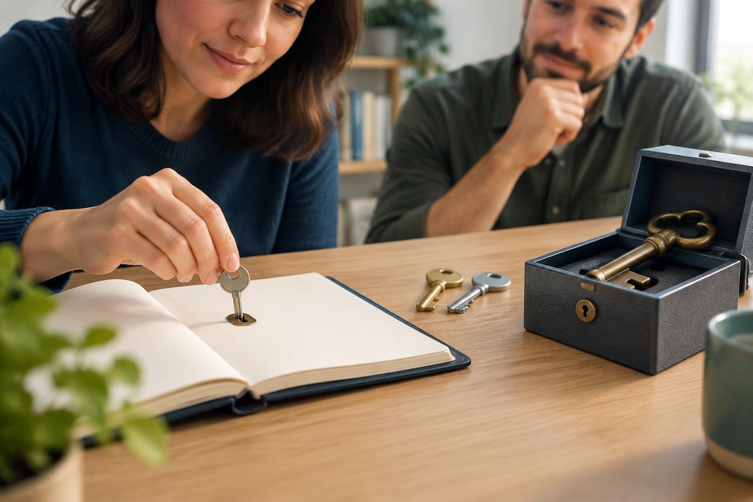 Une personne utilise une petite clé pour accéder à un dossier de contenu tandis qu’une grande clé d’administration reste enfermée dans un coffret.