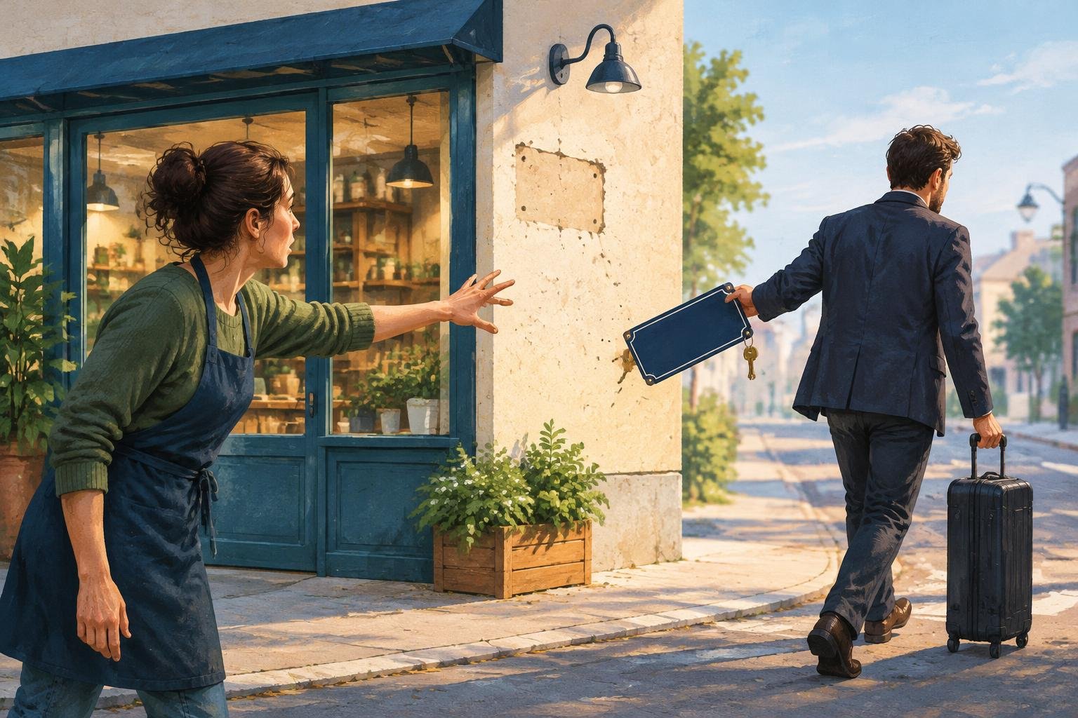 Devant un petit bâtiment d’entreprise intact, une personne tente de retenir une plaque d’adresse emportée par un prestataire qui s’éloigne avec une valise, symbolisant la perte de contrôle du nom de domaine.