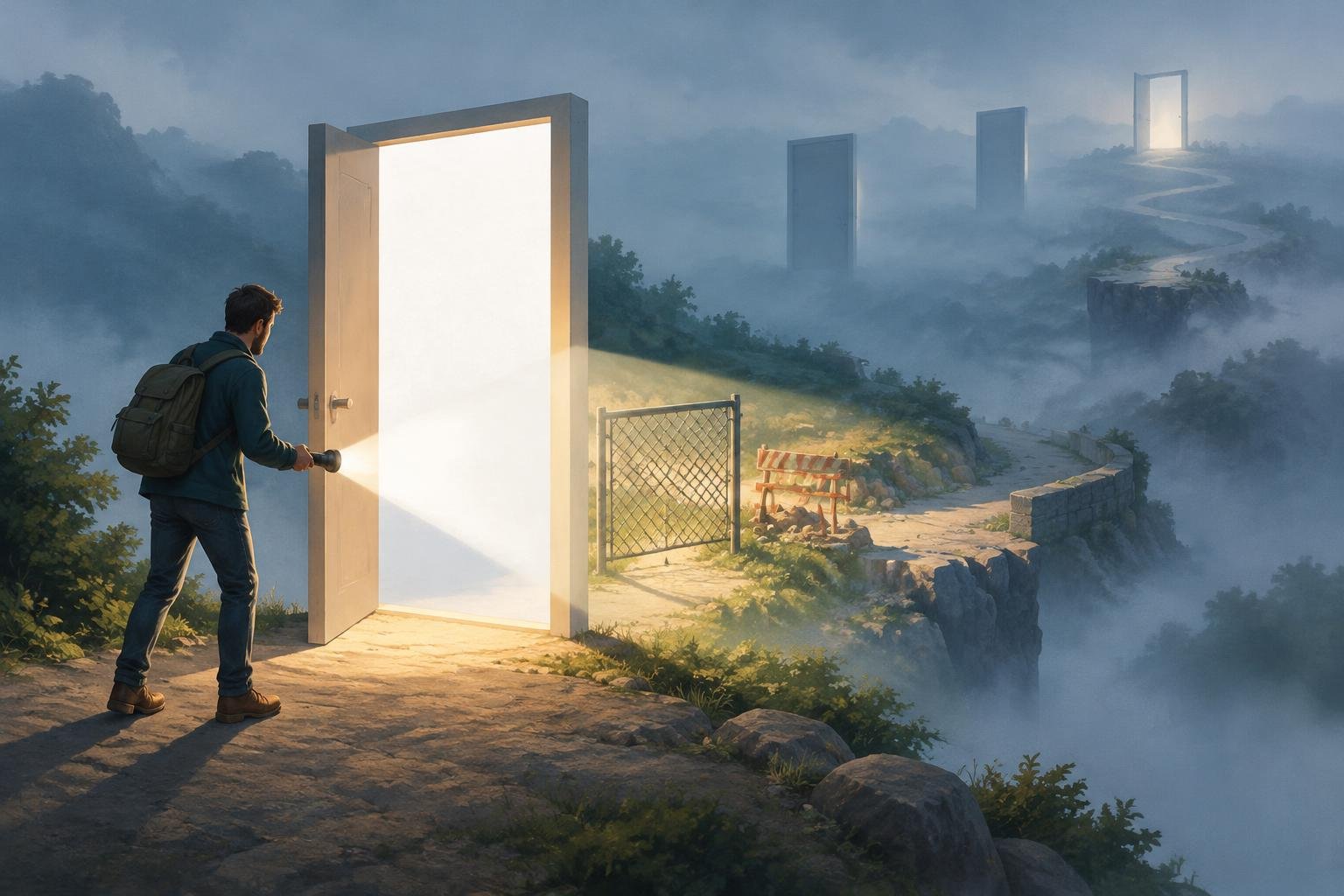 Un indépendant éclaire une page en forme de porte pour vérifier si elle est accessible, tandis que d’autres portes restent dans le brouillard ou au loin.