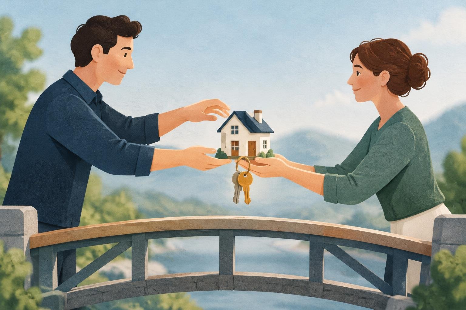 Deux personnes se transmettent une petite maison avec un trousseau de clés sur une passerelle, symbolisant la reprise complète d’un site par un nouveau responsable.