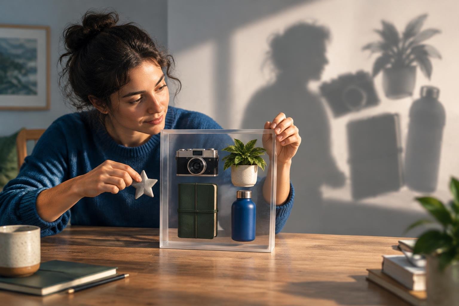 Une personne ajuste un cadre transparent rempli de quelques objets personnels tandis qu’une ombre les transforme en caricature, symbolisant le contrôle humain nécessaire face à l’interprétation de l’IA.