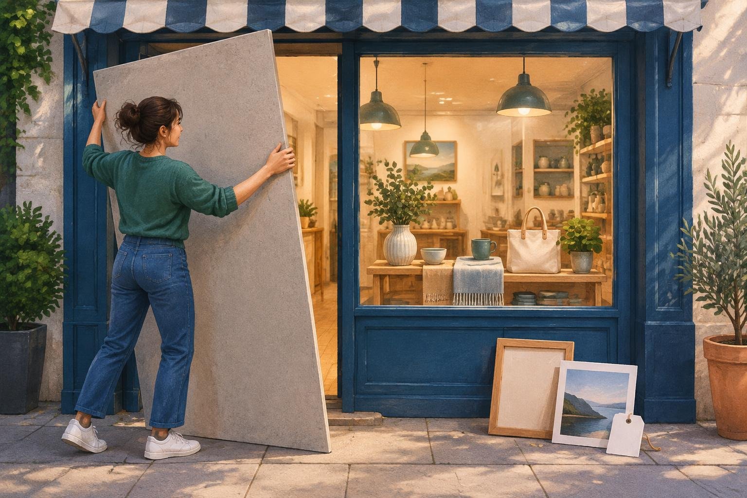 Une personne retire le décor générique d’une petite boutique avant son ouverture, révélant une vitrine personnalisée et prête à accueillir des visiteurs.